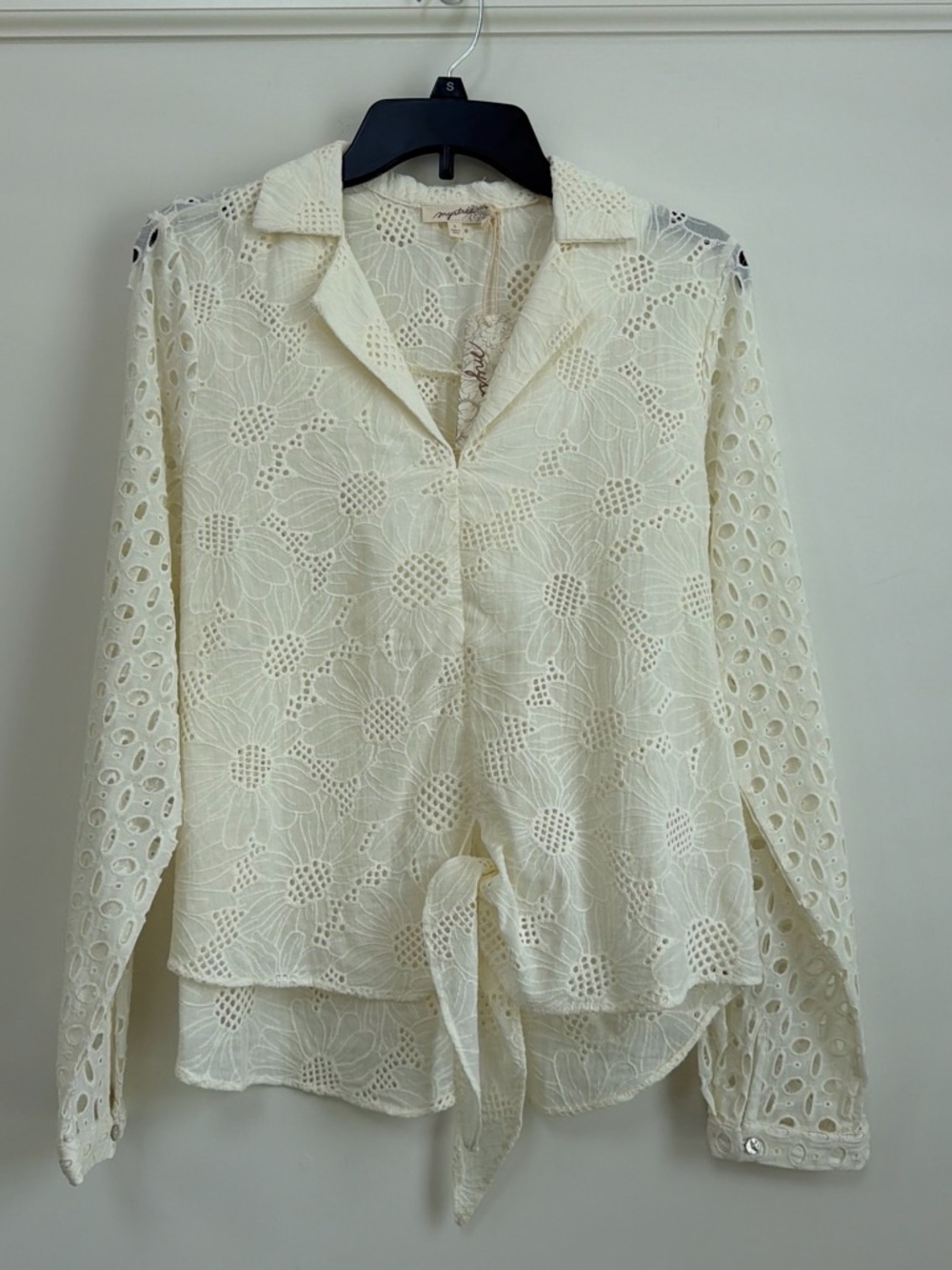 Mystree Ivory Floral Eyelet Lace Front Tie Collared Cotton Shirt NWT